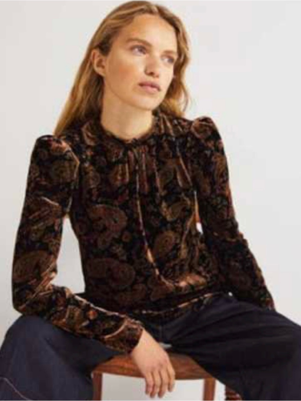 Boden Brown & Black Velvet Paisley Puff, Long Sleeve Top, Mock Neck, US Size 4
